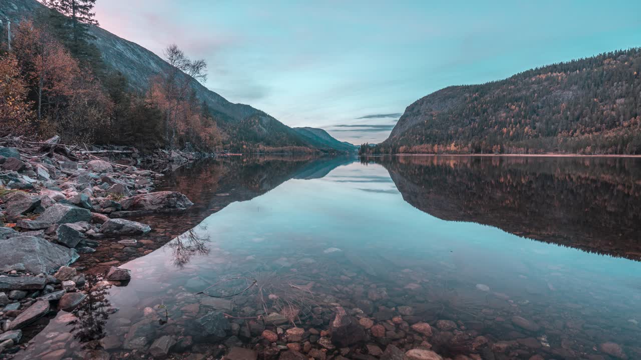 Blue sky reflected in the still transparent waters of the lake in the timelapse video