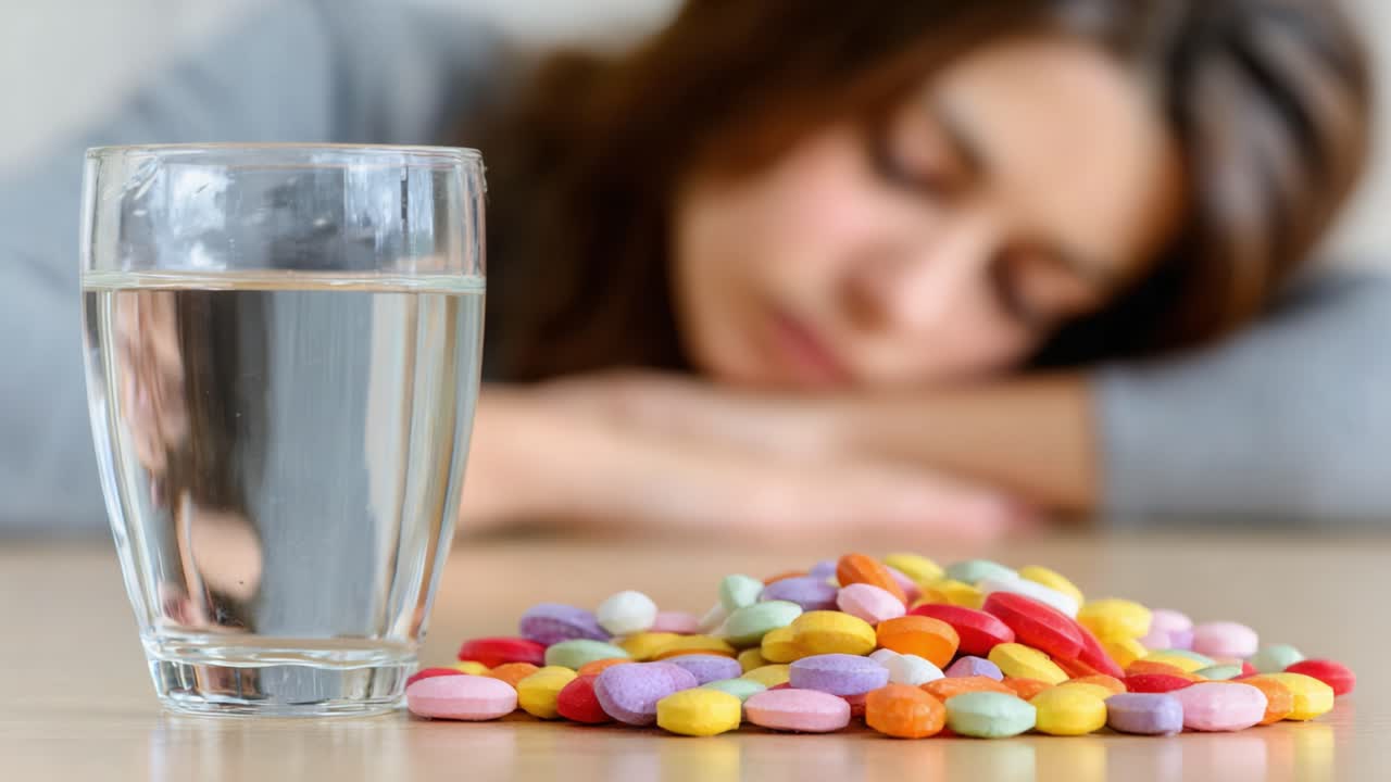 A Stunning Representation of Struggle: A Young Woman Overwhelmed, Finding Solace in a Colorful Array of Candies and a Glass of Water, Signifying Complex Emotions