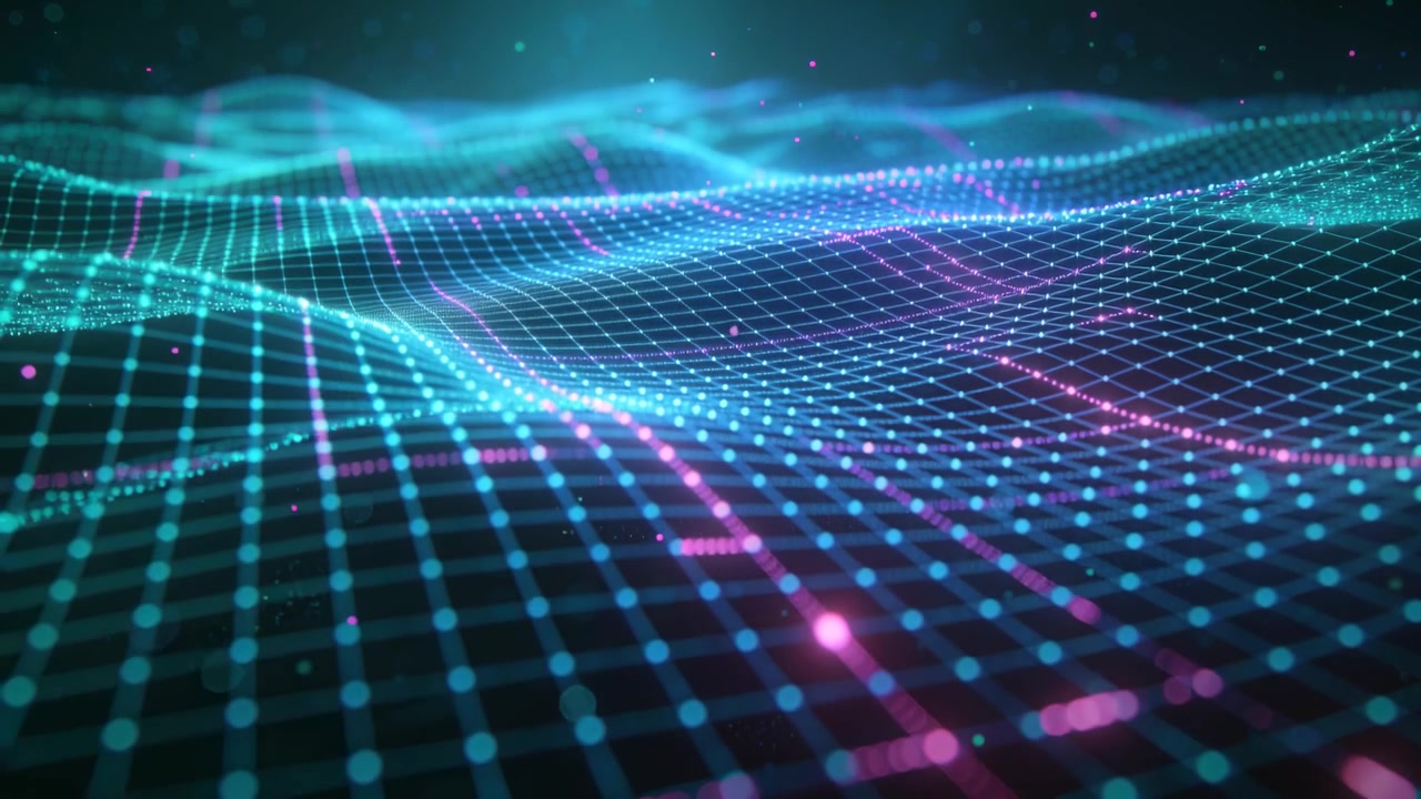 Rippling mesh sending waves from horizon in virtual 3D space, pulsing cyan nodes, magenta streaks