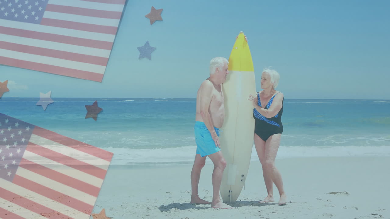 On beach, elderly couple with surfboard, surrounded by American flag stars animation
