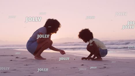 Animation-of-christmas-greetings-text-over-biracial-woman-with-daughter-on-beach