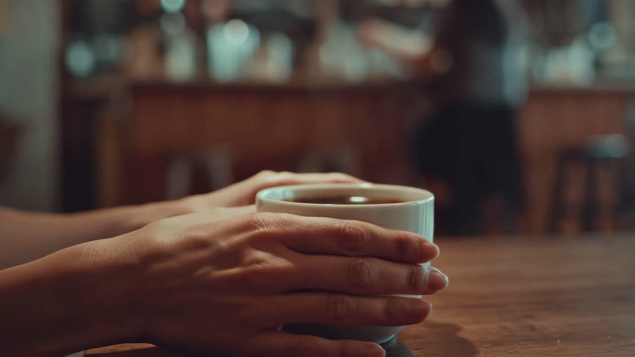 Hands holding a warm mug of coffee on a wooden table in a cafe
