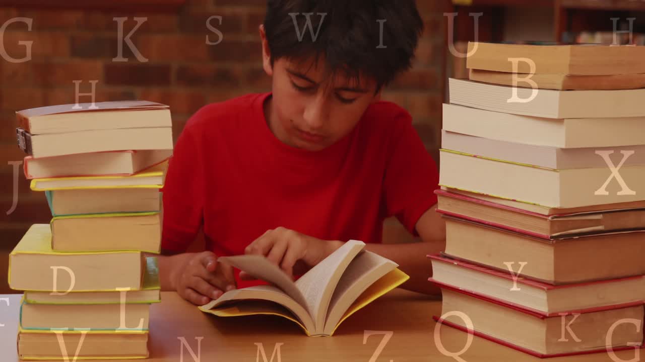 Animation of letters over biracial boy reading book