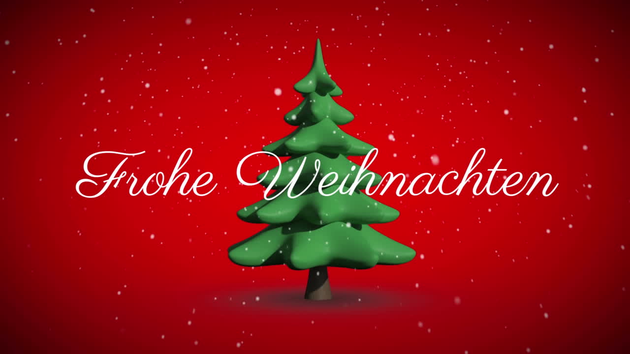Text „Frohe Weihnachten“ und fallender Schnee vor sich drehendem Weihnachtsbaum-Symbol auf rotem Hintergrund