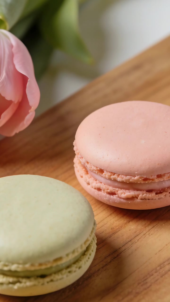 Vertical video: Tightening camera shifting right showing pink, green macarons on wood board, tulip