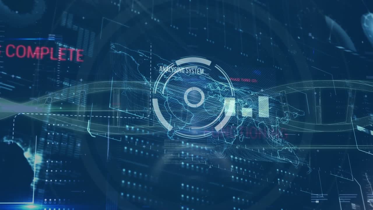 Animation of round scanner and interface with data processing against blue background