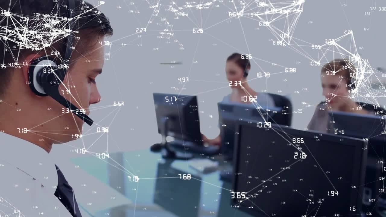 사무실에서 전화 헤드을 사용하는 백인 동료에 대한 연결 네트워크의 애니메이션