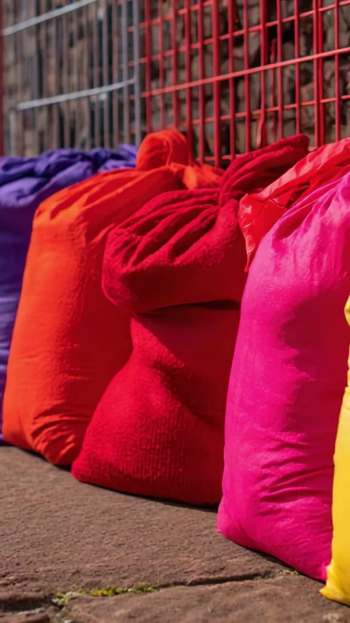 Vibrant Piles of Colorful Fabric Bags in Red, Pink, Orange, and Purple Strengthen Visual Contrast Against a Textured Background, Perfect for Artistic Inspiration