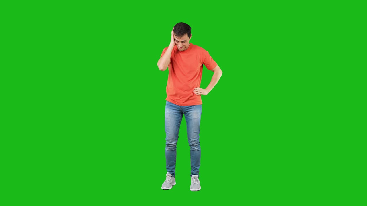 Young man showing various emotions and poses on a green screen