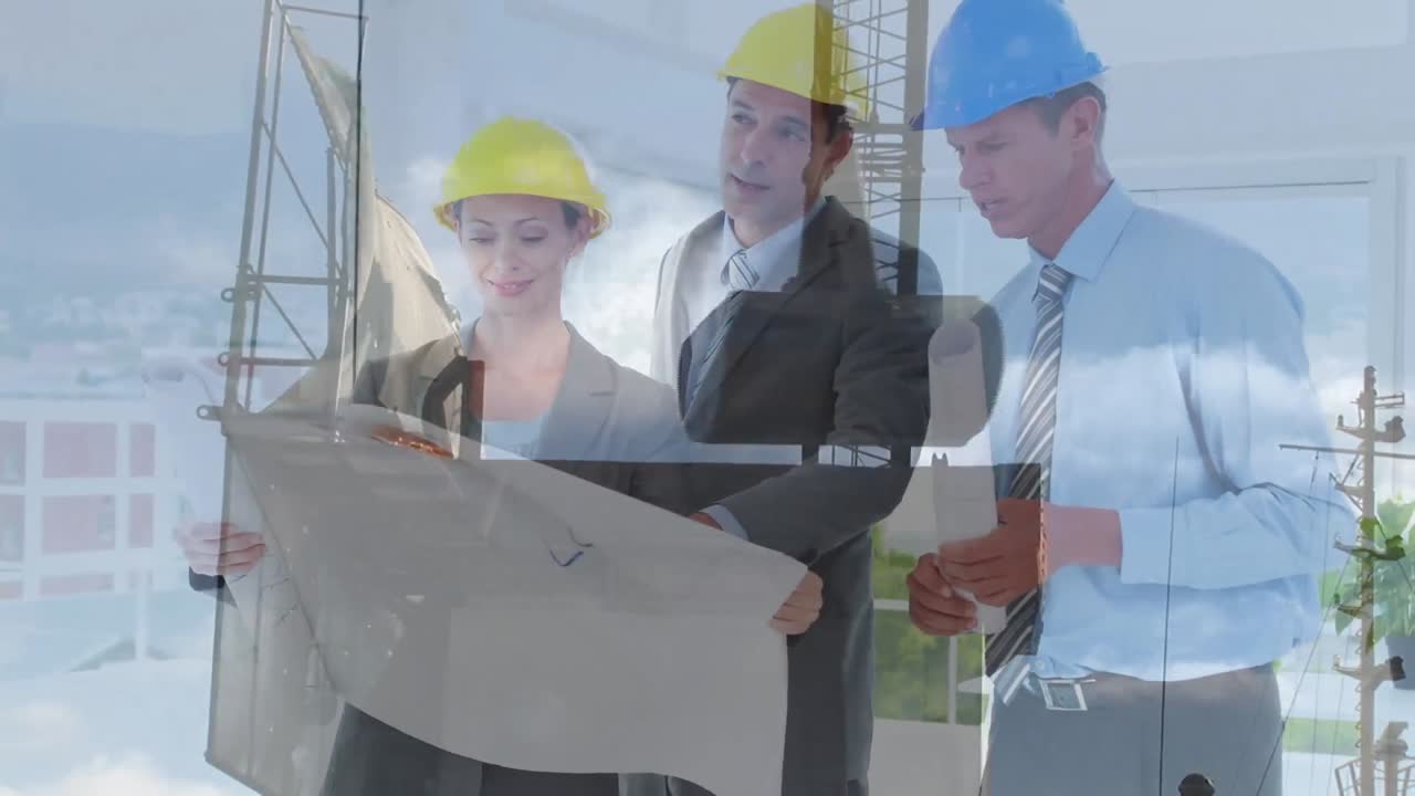 animación del sitio de construcción sobre diversos arquitectos discutiendo con los planes