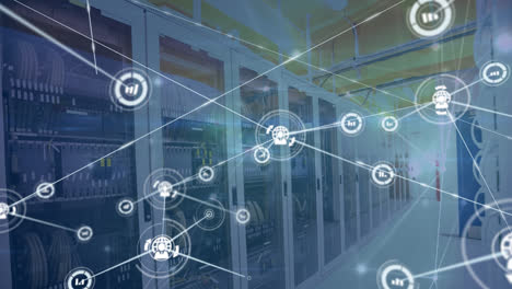 Animation-of-network-of-connections-with-icons-over-server-room