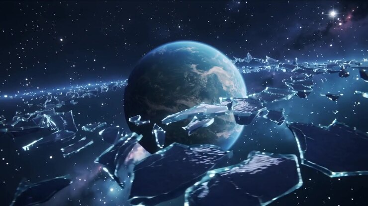 Camera starting forward track toward blue-green planet in orbit, revealing glass shards