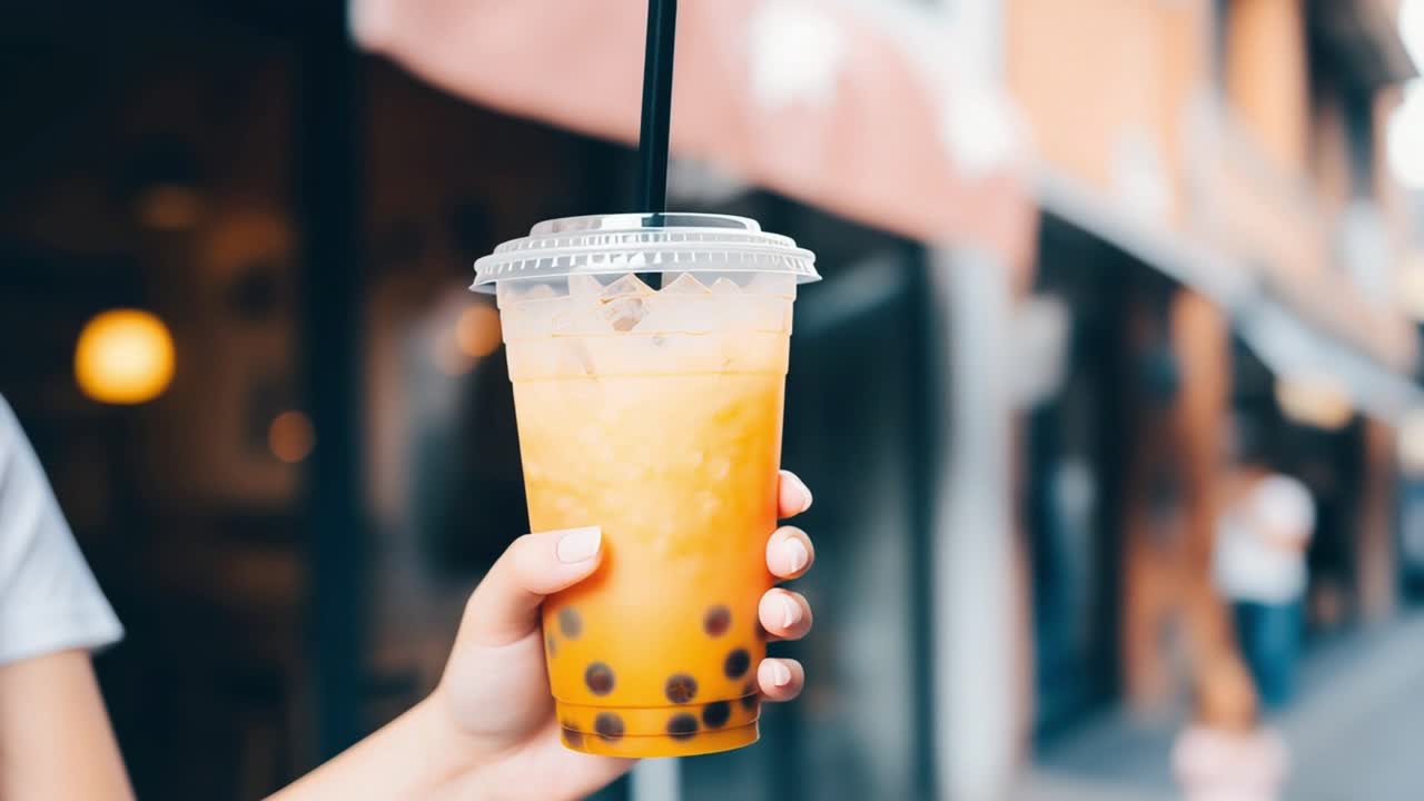 Woman holding a plastic takeaway cup filled with iced bubble tea, sipping through a straw while enjoying a refreshing drink against a blurred urban backdrop, radiating summer vibes