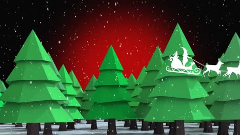 Animation-of-snow-falling-over-trees-on-red-background