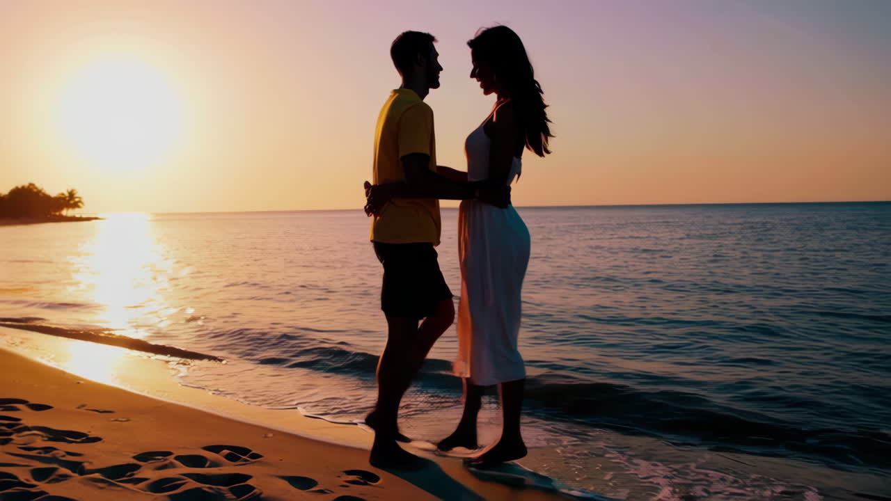 해변에서 해가 지는 동안 사랑에 빠진 커플