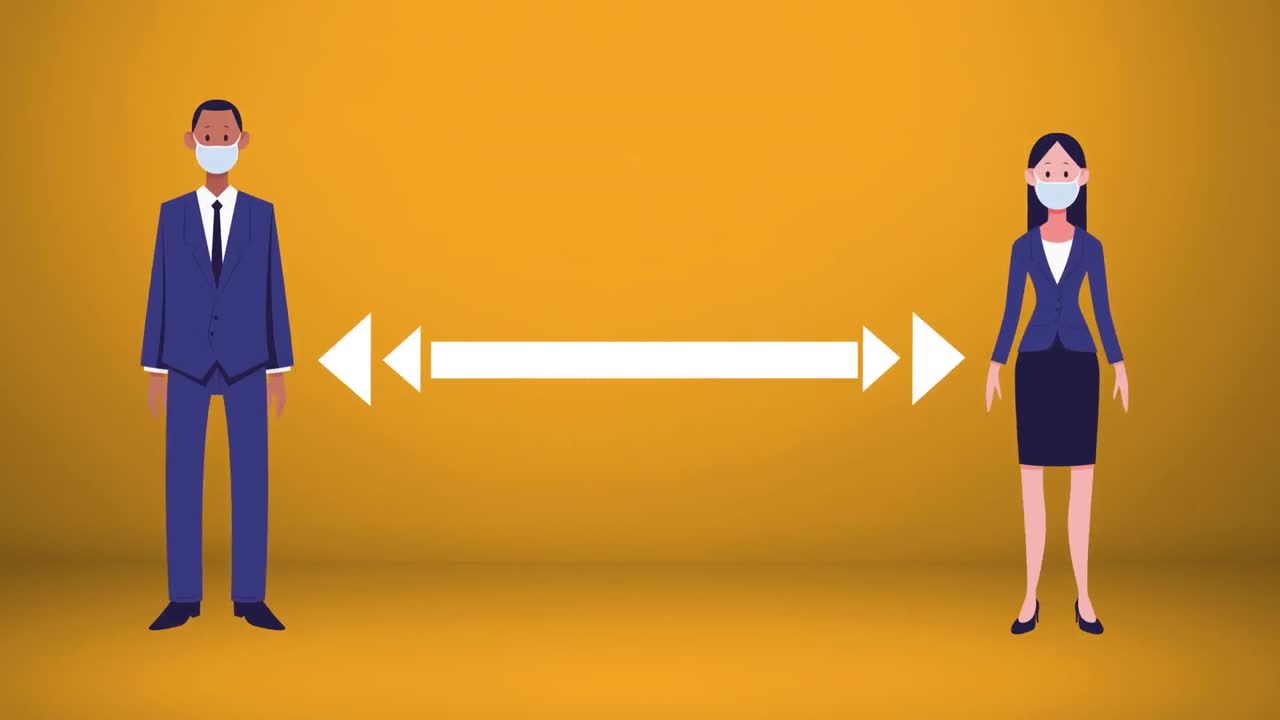 얼굴 마스크를 착용하고 사회적 거리를 유지하는 사람들의 다수의 픽토그램이 바뀌는 배경에 있습니다.