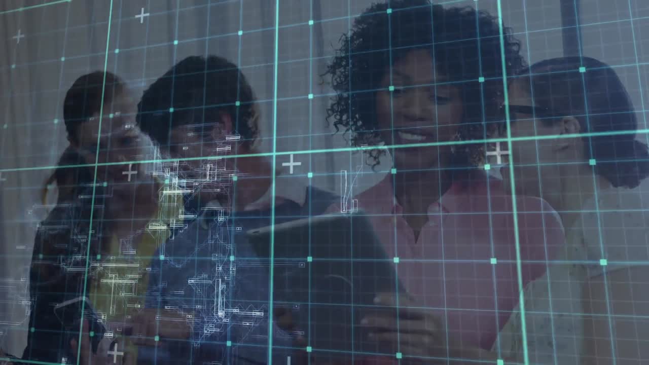 Data processing over grid lines against office colleagues using electronic devices