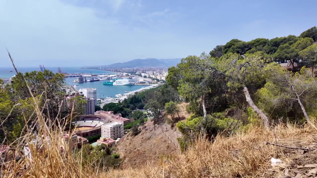 Vista del porto di Malaga dalla collina di Gibralfaro in Spagna