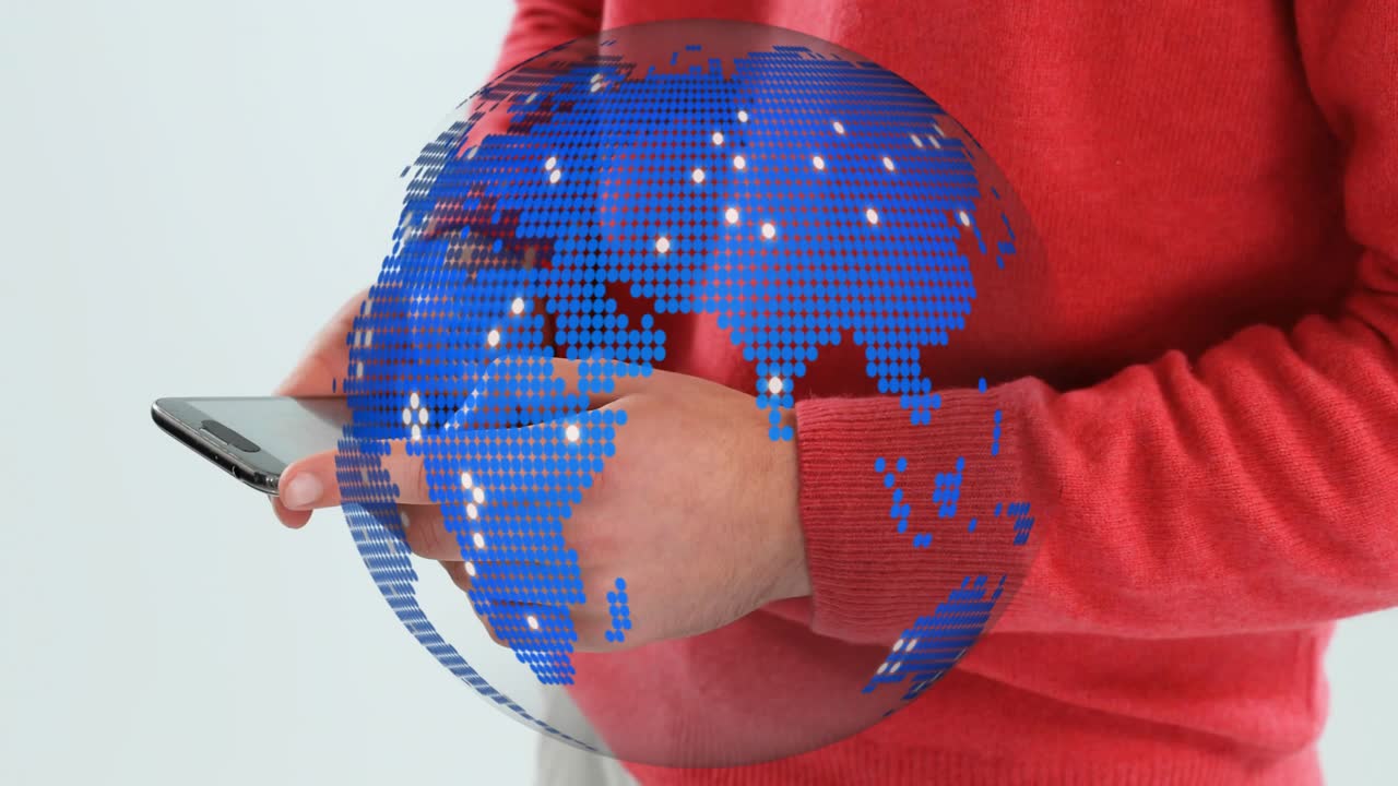 Tech user tapping smartphone and visualizing technology data, revealing rotating globe growing