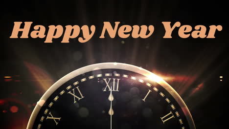 feliz año nuevo escrito frente al reloj y los fuegos artificiales