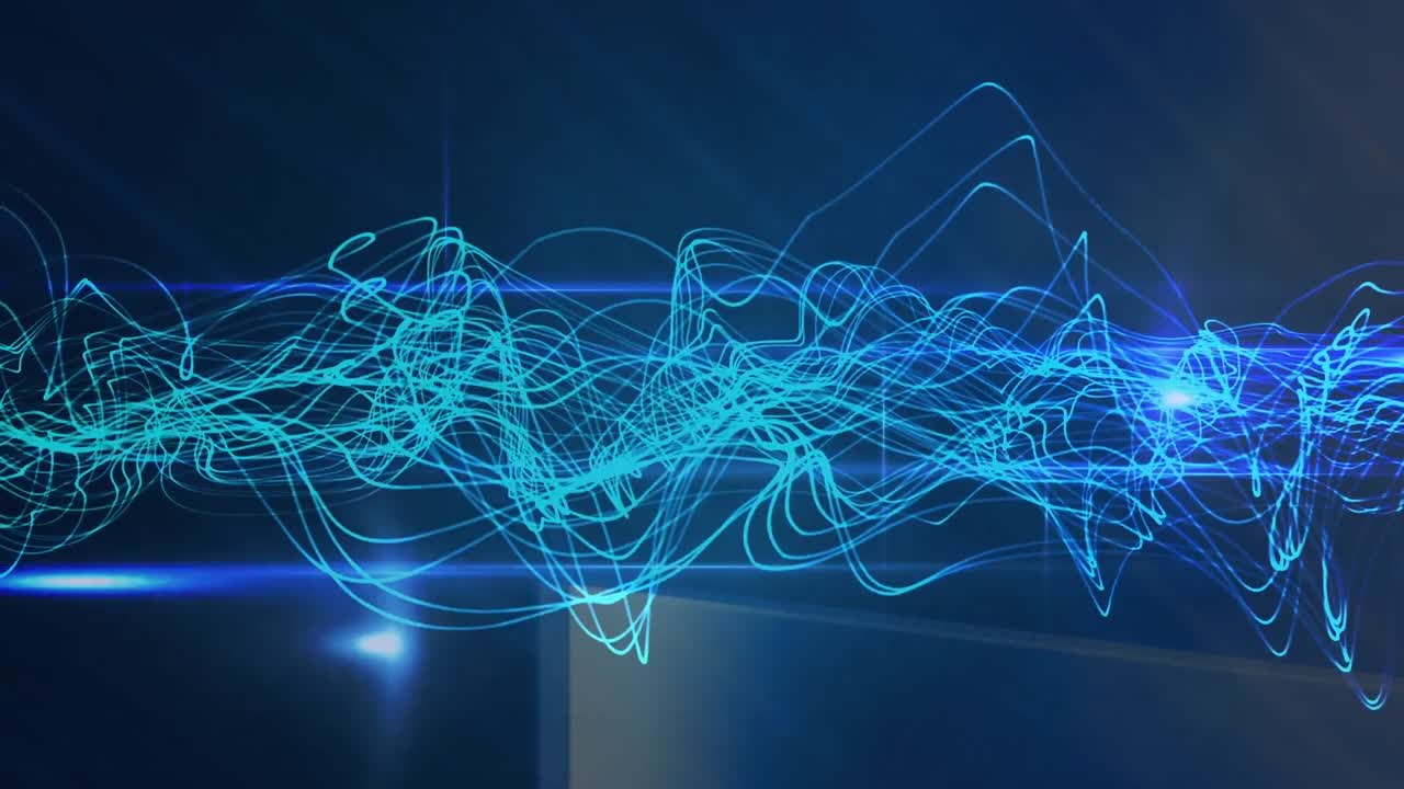 파란색 배경에 대한 파란색 빛의 흔적과 빛의 점의 애니메이션