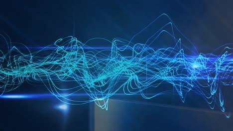 Animation-of-blue-light-trails-and-light-spot-against-blue-background
