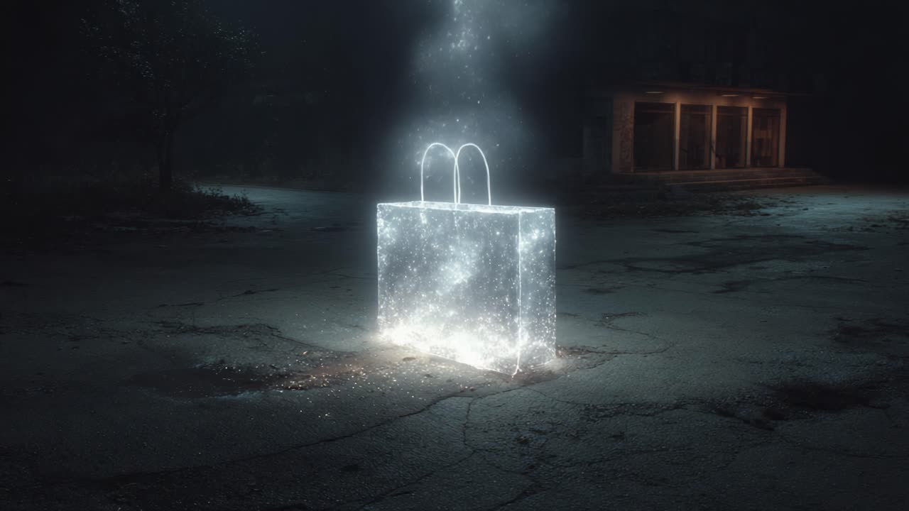 A Mysterious Glowing Bag Appears in an Abandoned Urban Setting, Transforming the Dark Atmosphere with Its Ethereal Light and Enigmatic Presence