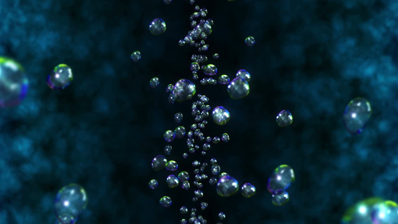 검은 바탕에 많은 물방울이 날아가고, 순수한 물방울, 투명한 표면, 공기 거품이 회전하는 3d 애니메이션, 루프 애니메이션.