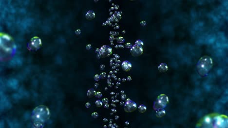 volando muchas gotas de agua en fondo negro. gotas puras. superficie transparente. animación 3d de burbujas de aire girando. animación de bucle.
