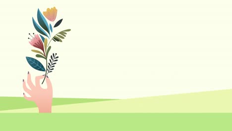 초록색 배경 에 꽃 아이콘 을 가진 손 의 애니메이션