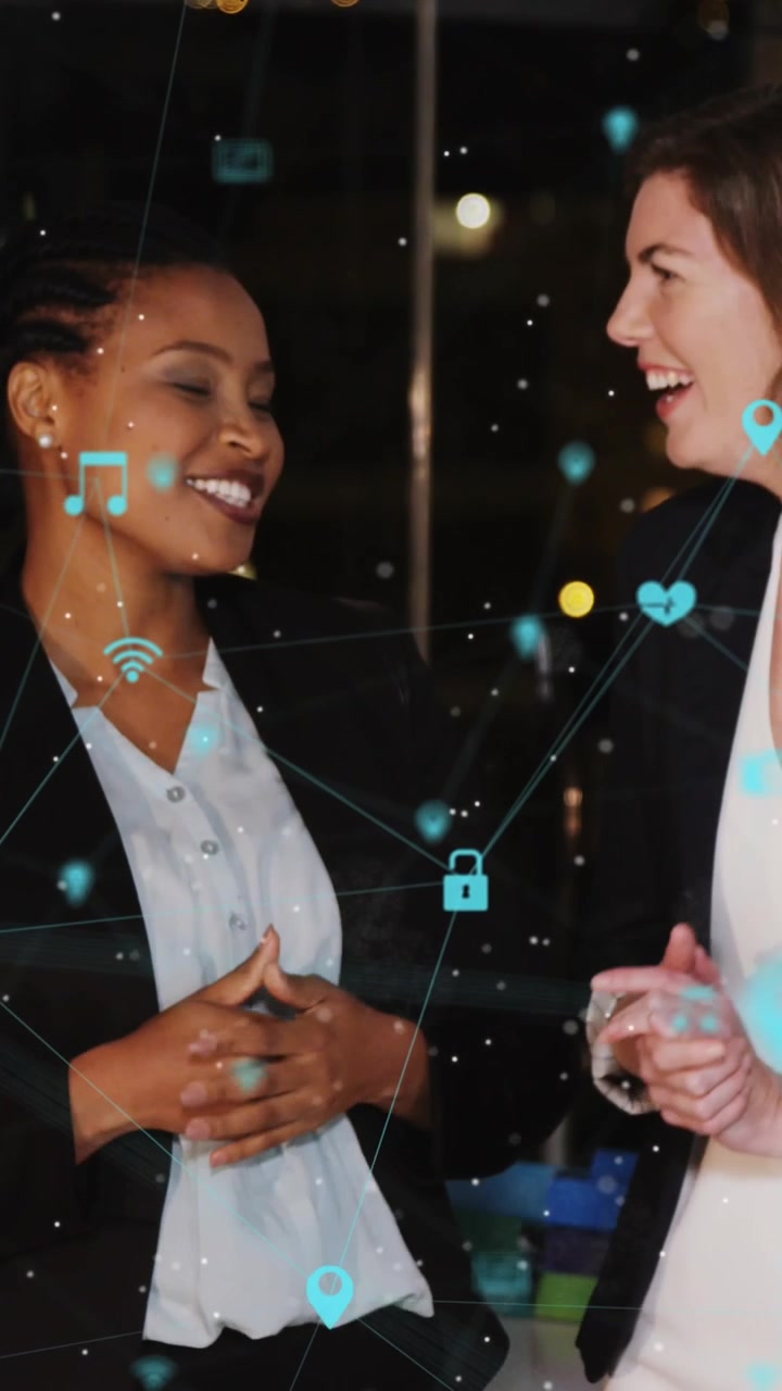 Animation icons connected with lines over diverse coworkers smiling and talking in office