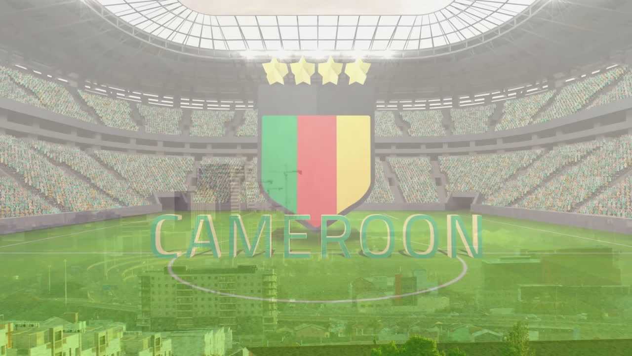 3D view showing translucent Cameroon shield floating over stadium pitch displaying five gold stars