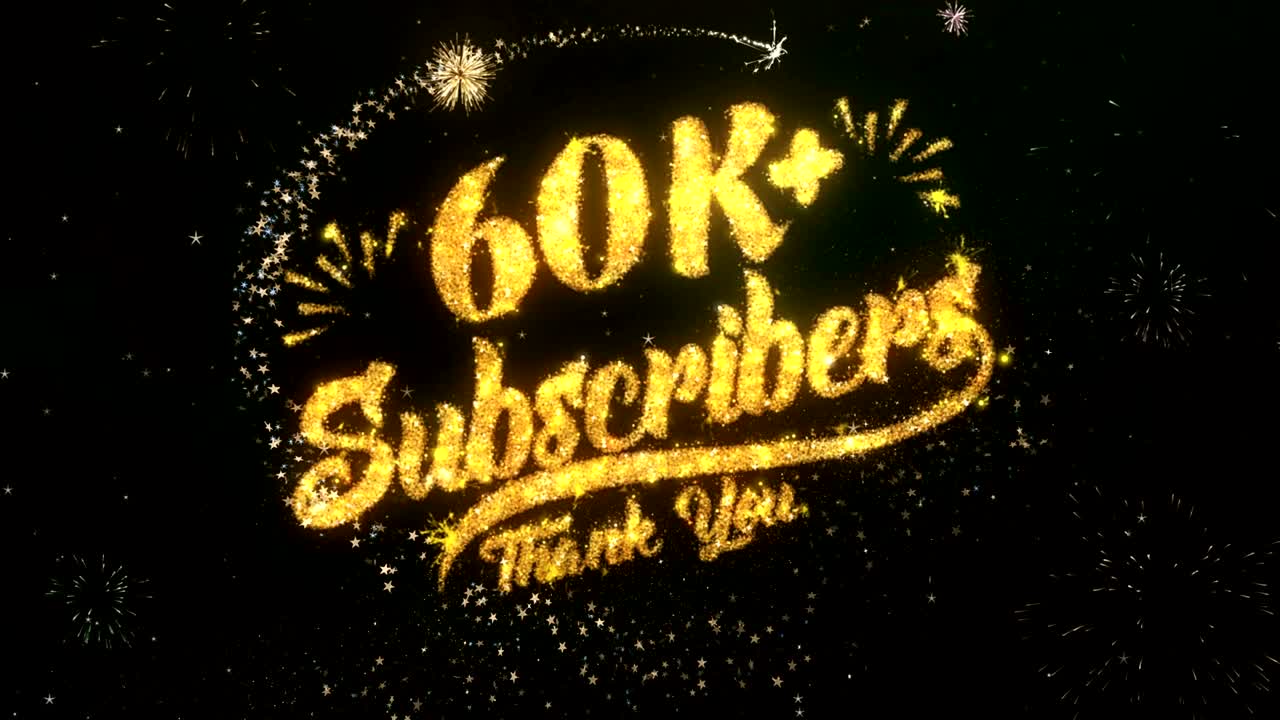 60k 가입자 인사 및 소원 카드는 반이는 입자 및 반이는 빛이 어두운 밤 하늘과 다채로운 불꽃놀이 4k 배경으로 만들어졌습니다.