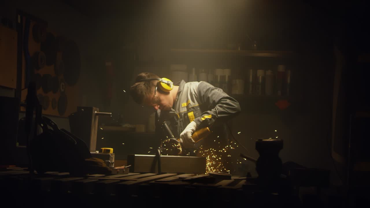 A man works with a circular saw. Worker grinder grinds metal in workshop. Sparks fly from hot metal. The man worked hard on the steel. Close-up slow motion in the garage. 4K video. Shot on RED