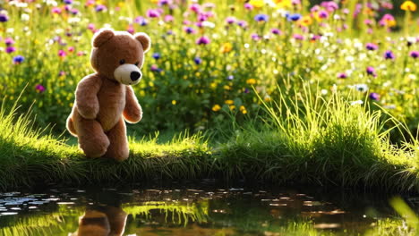 teddy bear and leaves in a pond