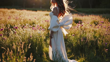 elegant woman in a white dress in a golden meadow
