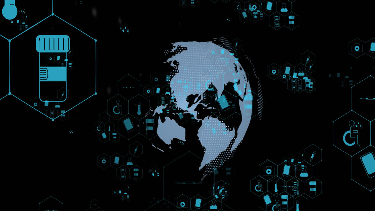 Animation of medical icons and globe on black background