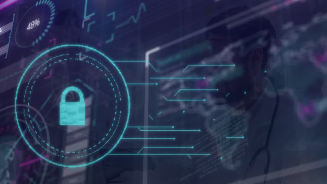 animación de la interfaz digital y el globo sobre el médico caucásico