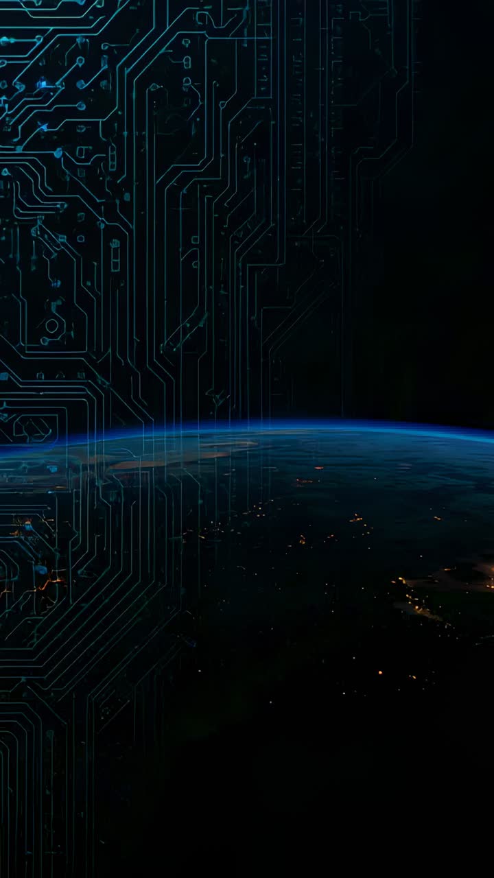 Vertical video: Signal firing teal circuit sending traces to Earth limb, linking to city lights