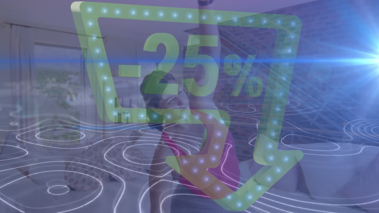 Animation of network of connections, sale icon and glowing light over female exercising at home