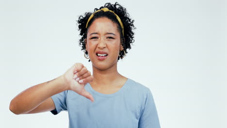 thumbs down, face and hands of woman in studio to