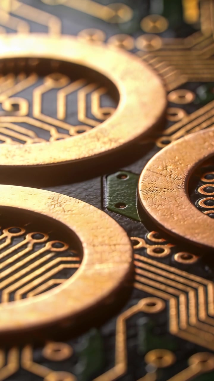 Video verticale: Telecamera che panoramica una PCB verso l'alto su un banco, ispezionando tre anelli d'oro e tracce di rame.