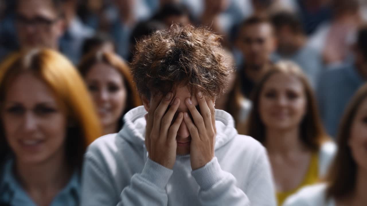 A person covering their face with hands amid a blurred crowd, expressing feelings of anxiety, isolation, and emotional turmoil in a busy environment
