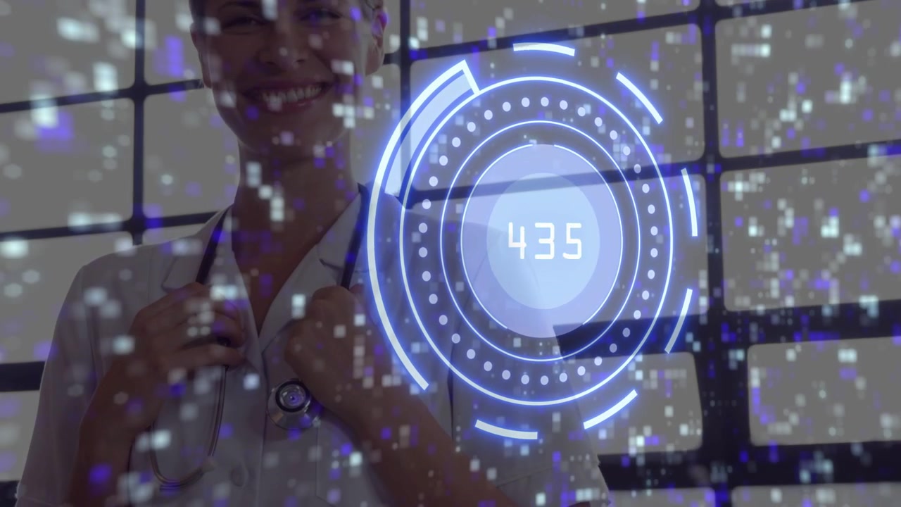 Woman doctor raising stethoscope activating HUD, monitoring cycling numbers for patient vitals