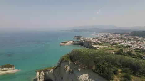 aerial view of the tourist town sidari on the island corfu, cliffs along the coast of the turquoise sea