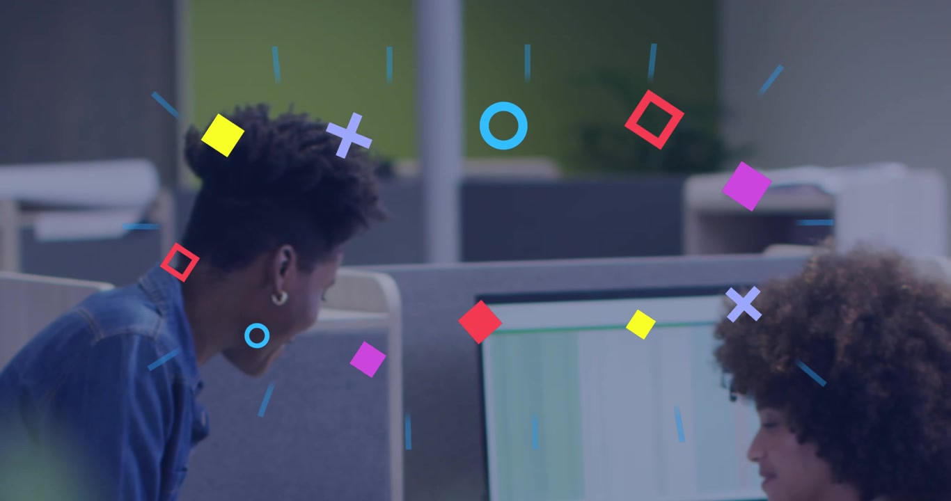 Animation of colorful abstract shapes over two african american women smiling at office