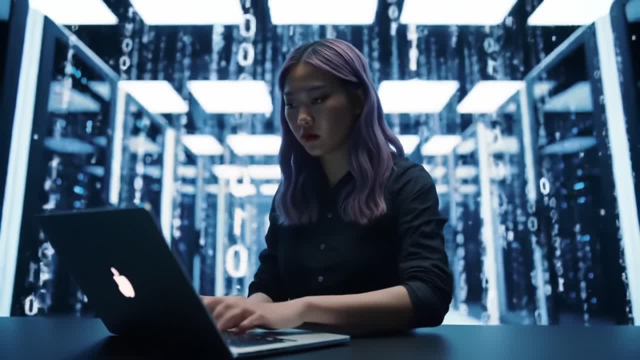 A focused young woman with purple hair works on her laptop in a tech-inspired setting, surrounded by glimmering lights and digital data, emphasizing innovation and concentration