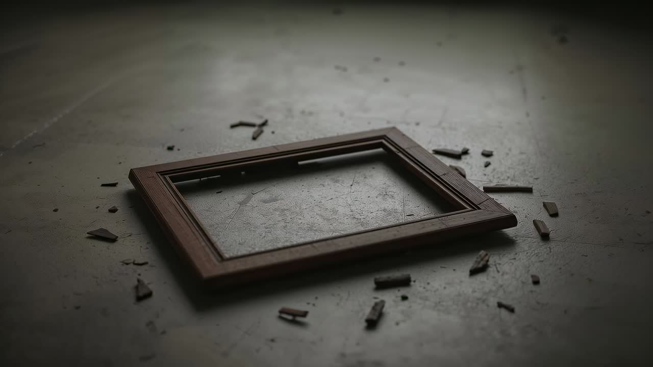 Camera moving closer to reveal wooden picture frame cracking on worn bench, showing wood chips