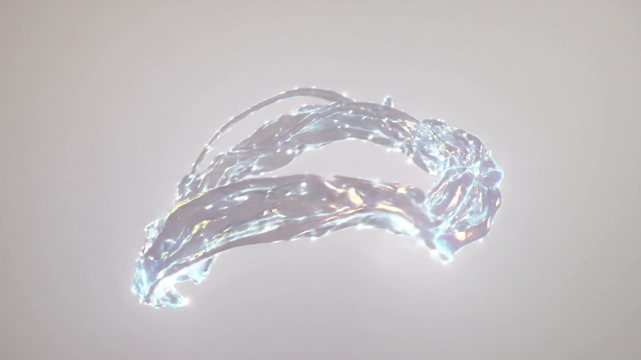 Playing translucent ribbon stretching, twisting, rotating on beige backdrop with glossy highlights