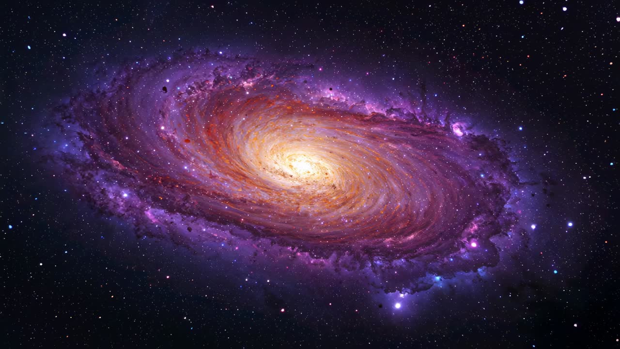 Camera panning into spiral galaxy core in space with gas or dust lanes and star clusters, pulling ba
